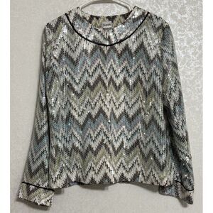 Chico's Sequined Multicolored Metallic Chevron Zig Zag Print Lined Jacket Sz 2 L